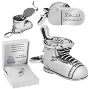Chrzest Św./Roczek: srebrny bucik 925 zawieszka z grawerem i dedykacją