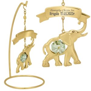 Na Chrzest: Złota figurka słonia z kryształem i grawerem na tabliczce