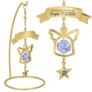 Aniołek pozłacany na chrzest z niebieskim kryształem i grawerem