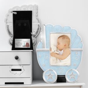 Ramka wózek błękitna dla chłopca na chrzest z dedykacją na tabliczce