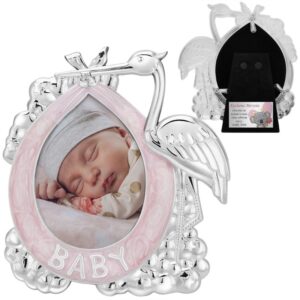 Ramka bocian różowa na chrzest dziewczynki z grawerem dedykacji