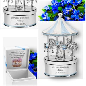 Roczek dla chłopca: niebieska karuzela z grawerem i melodią