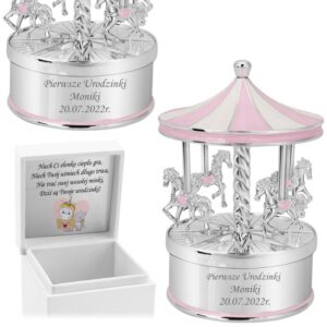 Pozytywka karuzela posrebrzana na roczek dla dziewczynki z grawerem