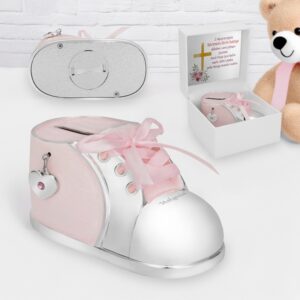 Chrzest lub roczek: Posrebrzana skarbonka różowy bucik z grawerem