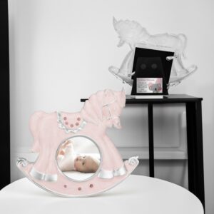 Na chrzest lub roczek: Różowa ramka konik z dedykacją