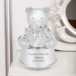 Na chrzest lub roczek: Pozytywka-skarbonka Miś z prezentem z grawerem