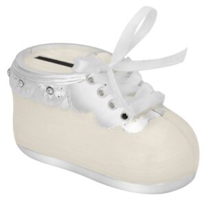 Skarbonka bucik z masą perłową na chrzest z białą wstążką