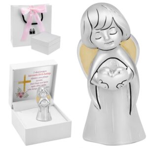 Figurka aniołka z sercem posrebrzana – prezent na Chrzest z dedykacją