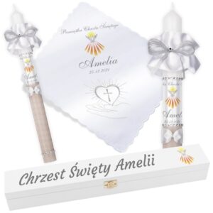 Zestaw świeca z szatką i pudełkiem / na Chrzest personalizacja / Model G26 / Zestaw na chrzest