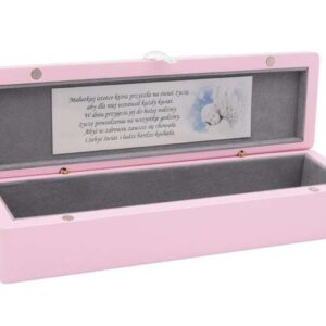 Chrzest/roczek: różowa szkatułka na akt urodzenia z dedykacją