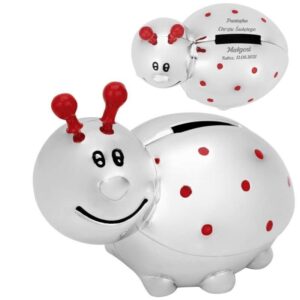 Skarbonka Biedronka posrebrzana na chrzest z grawerem laserowym