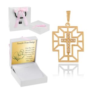 Komunia: krzyżyk złoty 585 z dedykacją, różowa wstążka i torebka