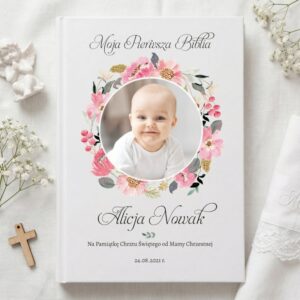 Personalizowana Biblia na Chrzest dla dziewczynki ze zdjęciem UV",