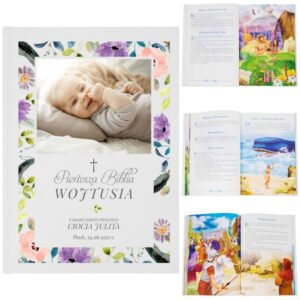 Biblia na Chrzest ze zdjęciem, kwiatkami i nadrukiem UV