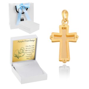 Złoty krzyżyk 585 na chrzest chłopca z dedykacją i tabliczką