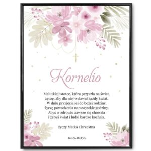 Personalizowany plakat na Chrzest dla dziewczynki z dedykacją – różowe kwiatki, ramka ze szkłem