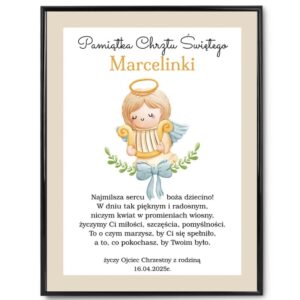Plakat na Chrzest z aniołkiem i dedykacją w ramce ze szkłem