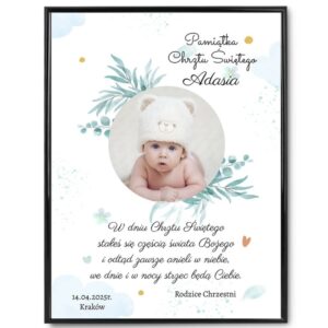 Plakat na Chrzest ze zdjęciem dziecka w ramce plexi z dedykacją
