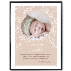 Plakat na Chrzest dla dziewczynki ze zdjęciem i dedykacją – różowy, ramka plexi 40x30