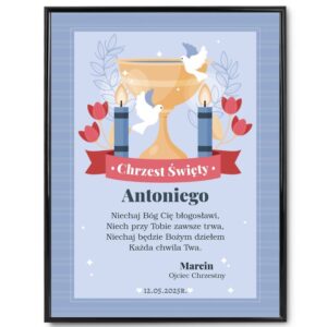 Personalizowany plakat na Chrzest dla chłopca niebieski z dedykacją w ramce plexi","sklep":