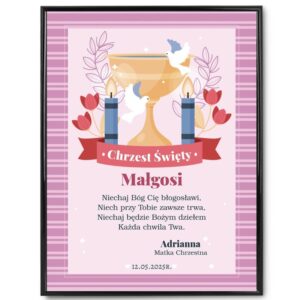 Personalizowany plakat na Chrzest dla dziewczynki z dedykacją – różowy, ramka aluminiowa ze szkłem 40x30