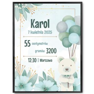Personalizowany plakat metryczka dla chłopca z misiem i balonikami w ramce plexi 40x30