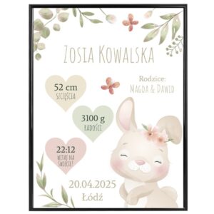 Personalizowany plakat metryczka Króliczek i serduszka – prezent na narodziny i Baby Shower, ramka plexi 40x30