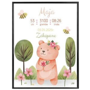 Plakat na narodziny dziecka metryczka personalizowana Miś Plexi 40x30