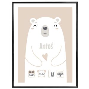 Personalizowany plakat na Baby Shower – metryczka na narodziny dziecka Miś, ramka plexi 40x30