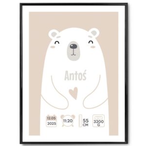 Plakat na Baby Shower metryczka z misiem – personalizacja, ramka aluminiowa ze szkłem 40x30