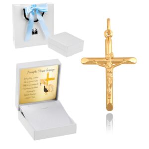 Komunia: Krzyżyk złoty 585 z wizerunkiem i tabliczką z nadrukiem
