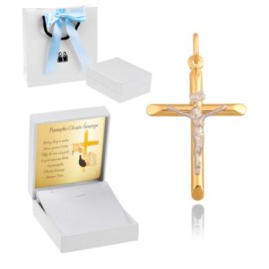 Komunia: Złoty krzyżyk 585 dla chłopca z dedykacją w pudełku