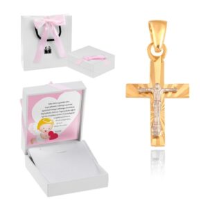 Pamiątka chrztu: złoty krzyżyk 585 z tabliczką z dedykacją
