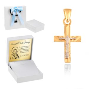 Chrzest: złoty krzyżyk 585 z tabliczką z dedykacją dla chłopca