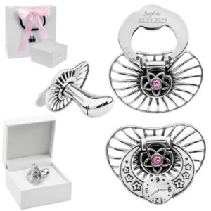 Srebrny smoczek 925 z różowym kamykiem na Chrzest – grawer i godzina na tarczy