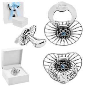 Srebrny smoczek 925 z niebieskim kamykiem na Chrzest – grawer i godzina na tarczy