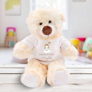 Miś pluszowy na Chrzest Anioł Stróż – jednostronny nadruk na koszulce