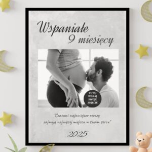 Plakat ciążowy ze zdjęciem – personalizowany prezent na narodziny dziecka, baby shower lub chrzest, ramka plexi 40x30