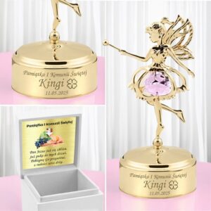 Chrzest Pozłacana pozytywka elf z grawerem i dedykacją w pudełku