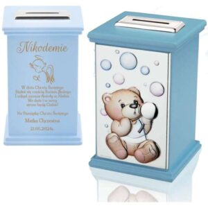 Na chrzest lub roczek: skarbonka Miś z pozytywką z grawerem