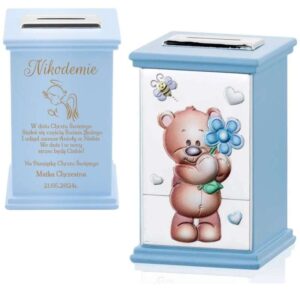 Na chrzest lub roczek: skarbonka Miś z kwiatkiem z grawerem