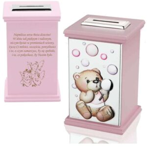 Skarbonka z pozytywką Miś różowa na chrzest z grawerem laserowym
