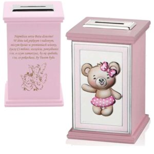 Na chrzest skarbonka Miś w spódniczce różowa z grawerem