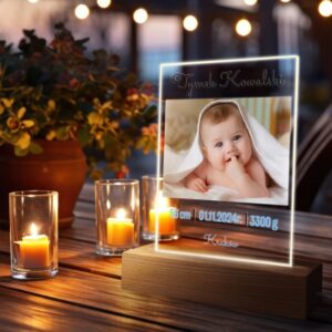 Na chrzest: Ramka LED z akrylu z metryczką i zdjęciem maluszka