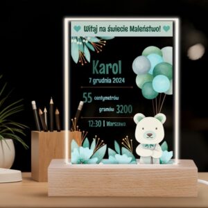 Na baby shower: Akrylowa ramka LED z metryczką i zdjęciem dziecka