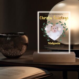 Chrzest Święty: Ramka LED z akrylu i drewna z personalizacją