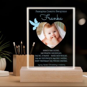 Ramka LED na Chrzest z akrylu i drewna z personalizacją