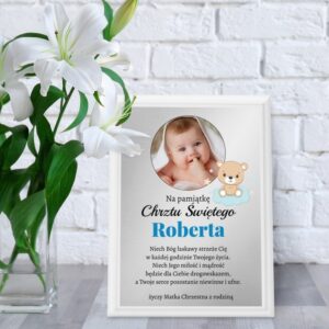 Pamiątka Chrztu Świętego na ścianę ze srebrną tabliczką i zdjęciem