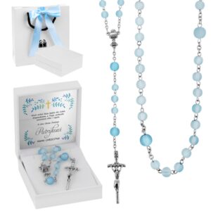 Różaniec na I Komunię różowe paciorki z dedykacją w pudełku
