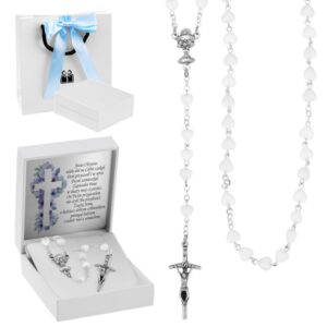 Różaniec na I Komunię z białymi serduszkami IHS z dedykacją